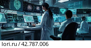 Doctors are in a large diagnostic center near the monitors. Panoramic banner. Стоковое AI-изображение, AI-художник Ярославский Максим / Фотобанк Лори