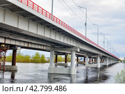 Автомобильный мост через реку Тобол во время весеннего паводка. Трасса Тюмень-Омск (2016 год). Стоковое фото, фотограф Александр Тараканов / Фотобанк Лори