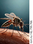 Close-up of striped mosquito on human skin, macro photo. Mosquitoes (Aedes aegypti) sucking human blood, close up. Carriers of dengue fever and malaria concept. Gen ai illustrate. Copy ad text space. Стоковое AI-изображение, AI-художник Aleksandr Golubev / Фотобанк Лори