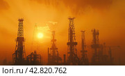 Oil rigs on the background of sunset. Стоковое AI-изображение, AI-художник Ярославский Максим / Фотобанк Лори