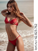 Симпатичная девушка в красном купальнике | Cute girl in a red swimsuit. Стоковое AI-изображение, AI-художник Данил Рыбаков / Фотобанк Лори