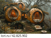 A house made in the style of a hobbit's dwelling from the books of J. R. R. Tolkien. It blends into the surrounding nature with skylight windows and green vegetation covering the structure. Стоковое AI-изображение, AI-художник Анна Кривицкая / Фотобанк Лори