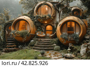 A house made in the style of a hobbit's dwelling from the books of J. R. R. Tolkien. It blends into the surrounding nature with skylight windows and green vegetation covering the structure. Стоковое AI-изображение, AI-художник Анна Кривицкая / Фотобанк Лори