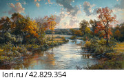 River Flowing Through Forest. Стоковое AI-изображение, AI-художник Юлия Гапеенко / Фотобанк Лори