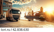 Container truck in ship port for business Logistics and transportation of Container Cargo ship and Cargo plane with working crane bridge in shipyard at sunrise, logistic import export and transport. Стоковое AI-изображение, AI-художник Ярославский Максим / Фотобанк Лори