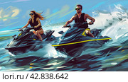 A young guy and a girl on jet skis are racing on the water surface of the lake. Стоковое AI-изображение, AI-художник Ярославский Максим / Фотобанк Лори