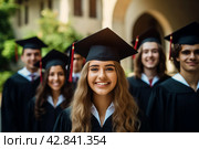 A happy group of graduates at the graduation ceremony. Стоковое AI-изображение, AI-художник Виктория Тельминова / Фотобанк Лори