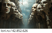 A surreal scene with many floating faces in space that seem to be part of a complex structure or machine. The style is reminiscent of fantasy or post-apocalyptic worlds. The faces have expressive but motionless features and are connected to each other by metal structures, creating a feeling of strangeness and unusualness. Стоковое AI-изображение, AI-художник Анна Кривицкая / Фотобанк Лори