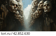 A surreal scene with many floating faces in space that seem to be part of a complex structure or machine. The style is reminiscent of fantasy or post-apocalyptic worlds. The faces have expressive but motionless features and are connected to each other by metal structures, creating a feeling of strangeness and unusualness. Стоковое AI-изображение, AI-художник Анна Кривицкая / Фотобанк Лори