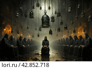 A dark and atmospheric scene where hooded figures, perhaps monks, sit in a row along the walls of a gloomy hall, lit by lamps hanging from chains. One figure, also hooded, stands out in the center of the scene and appears to be central. The setting suggests a ritual or gathering in a religious or mystical context. Стоковое AI-изображение, AI-художник Анна Кривицкая / Фотобанк Лори