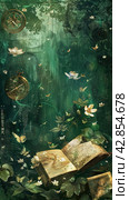 A mystical and ephemeral scene where an airy Chinese clock hangs among the branches and leaves against the backdrop of a magical forest. Below is an open book with seemingly ancient pages in an unidentified language. Lotus flowers are scattered around, floating in the air along with mysterious fireflies and small symbols. All this creates the atmosphere of an enchanted place filled with magic. Стоковое AI-изображение, AI-художник Анна Кривицкая / Фотобанк Лори
