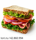 Fresh Deli Sandwich with Ham and Vegetables. Стоковое AI-изображение, AI-художник Кирилл Черезов / Фотобанк Лори