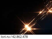 Illustration of abstract lighting, digital lens flare in black background, sun rays light isolated for overlay design, light of radiance. Create backdrop concept. Gen ai illustrate. Copy ad text space. Стоковое AI-изображение, AI-художник Aleksandr Golubev / Фотобанк Лори