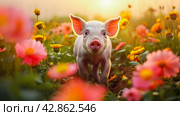 Cute, beautiful pig in a field with flowers in nature, in sunny pink rays. Стоковое AI-изображение, AI-художник ALLA YURTAYEVA / Фотобанк Лори