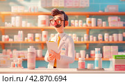 3d male pharmacist. Isomeric character. Man in white coat in the drug store. Health care. Стоковое AI-изображение, AI-художник Катерина Ковалева / Фотобанк Лори