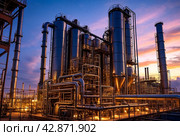 Industrial factory with furnace and heat exchanger cracking hydrocarbons, sunset. Equipment petrochemical plant. Manufacturing and industry technology concept. Gen ai illustration. Copy ad text space. Стоковое AI-изображение, AI-художник Aleksandr Golubev / Фотобанк Лори