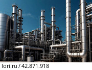 Industrial plant of petroleum, chemical, hydrogen or ammonia. Industrialization zone with pipeline and pipe rack. Manufacturing and industry technology concept. Gen ai illustration. Copy ad text space. Стоковое AI-изображение, AI-художник Aleksandr Golubev / Фотобанк Лори