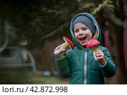 A child and a fly agaric. The boy with the fly agaric. A dangerous poisonous mushroom in the hands of a child. Mushroom poisoning, microdosing, eating herbal medicine. Стоковое фото, фотограф Photojuli / Фотобанк Лори