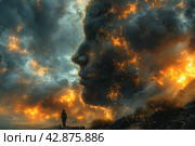 Man comes face to face with the majestic and mystical power of nature. In the sky, among the clouds and glow, a gigantic face was formed, created from smoke and stars, with flashes of fire reminiscent of hot coals. The figure of the man below seems insignificant in comparison with the greatness of the manifested cosmic consciousness. This surreal landscape is imbued with a sense of magic and eternity. Стоковое AI-изображение, AI-художник Анна Кривицкая / Фотобанк Лори