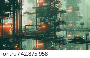 Complex industrial landscape made in cyberpunk style. The composition immerses you in the atmosphere of a futuristic city with many metal structures, platforms, pipes and glowing lights. The color palette of the picture is made in cool technogenic tones with dominant shades of ocher and copper light. Стоковое AI-изображение, AI-художник Анна Кривицкая / Фотобанк Лори
