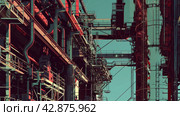 Complex industrial landscape made in cyberpunk style. The composition immerses you in the atmosphere of a futuristic city with many metal structures, platforms, pipes and glowing lights. The color palette of the picture is made in cool technogenic tones with dominant shades of ocher and copper light. Стоковое AI-изображение, AI-художник Анна Кривицкая / Фотобанк Лори