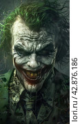 A portrait of a man with distinctive makeup, which is associated with the iconic image of a comic book villain. The face is depicted with intense expressive features, the eyes are full of energy and madness. The skin of the face imitates cracks, giving the image a gothic and decadent style. The character's gaze is piercing, and his smile is distorted, which enhances the drama and theatricality of the image. Стоковое AI-изображение, AI-художник Анна Кривицкая / Фотобанк Лори