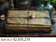 A pile of old, worn letters or documents tied with rope. One of the leaves is decorated with a withered rosebud. The background of the composition consists of antique objects, including a vase, creating the atmosphere of bygone eras. The dark, rich tones and texture of the wooden table give the painting a sense of depth and history. Стоковое AI-изображение, AI-художник Анна Кривицкая / Фотобанк Лори