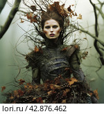 Model in an extravagant outfit that creates the effect of merging with nature. She is wearing a dress decorated with autumn leaves of different shades, which seem to grow out of the clothes and are woven into the model’s hair. Her hairstyle creates a wild effect; branches and leaves seem to be an extension of her hair. Стоковое AI-изображение, AI-художник Анна Кривицкая / Фотобанк Лори