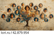 Family Tree with Related Photos: Creative Illustration. Стоковое AI-изображение, AI-художник Юрий Поздников / Фотобанк Лори