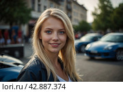 A beautiful blonde girl at an auto sound competition. Car music. Subwoofers, amplifiers, acoustics. Car audio system. Стоковое AI-изображение, AI-художник Александр Поташев / Фотобанк Лори