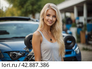 A beautiful blonde girl at an auto sound competition. Car music. Subwoofers, amplifiers, acoustics. Car audio system. Стоковое AI-изображение, AI-художник Александр Поташев / Фотобанк Лори