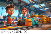 A magical adventure with animated characters and suitcases for exciting journeys. Стоковое AI-изображение, AI-художник Юрий Поздников / Фотобанк Лори