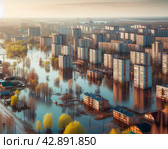 Опасное подтопление улиц города паводковыми водами во время весеннего половодья. Весенний городской пейзаж, вид с воздуха. Режим ЧС. Стоковое AI-изображение, AI-художник Sergei Gorin / Фотобанк Лори