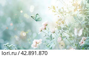 This serene spring background features delicate butterflies dancing amongst a soft-focus scene of blooming flowers and lush greenery, awash in light and a gentle blue hue. Стоковое AI-изображение, AI-художник Lena Bereberdina / Фотобанк Лори