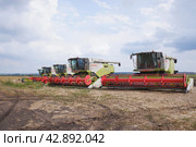 Импортные комбайны Claas 580 Tucano в поле во время уборки урожая (2023 год). Редакционное фото, фотограф Александр Кузнецов / Фотобанк Лори