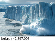 Ice calving from the edge of antarctic ice shelf, aerial view. Стоковое AI-изображение, AI-художник Евгений Харитонов / Фотобанк Лори