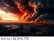 Fire hurricane cloudscape in ravages sky. Visual artwork of climate change-induced apocalypse and natural disaster. Global ecological apocalyptic concept. Gen ai illustration. Copy ad text space. Стоковое AI-изображение, AI-художник Aleksandr Golubev / Фотобанк Лори