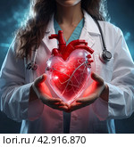 A cardiologist holds an artificial heart in his hands. Medical technologies and treatment for the diagnosis of diseases of the heart and cardiovascular system.Organ transplantation. Стоковое AI-изображение, AI-художник Photojuli / Фотобанк Лори