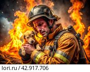 A male firefighter in special equipment against a background of flames and clouds of black smoke. A rescuer on fire. A firefighter rescued a puppy from the fire. Стоковое AI-изображение, AI-художник Photojuli / Фотобанк Лори