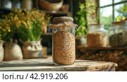 Банка с ингредиентами на деревянном столе. Plantbased ingredient in flowerpot on wooden table for recipe. Стоковое AI-изображение, AI-художник Katsiaryna Repich / Фотобанк Лори