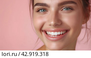 A closeup of a womans smiling mouth, nose, and eyelashes on a pink background. dental illustration. Стоковое AI-изображение, AI-художник Katsiaryna Repich / Фотобанк Лори