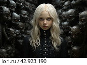 A girl with pale skin and platinum hair against the background of a crowd of identical dark figures of monsters with glowing eyes. The image evokes thoughts of the contrast between individuality and monotony, humanity and the impersonal mass. Стоковое AI-изображение, AI-художник Анна Кривицкая / Фотобанк Лори
