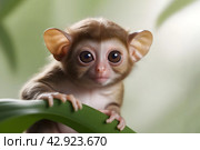 Funny cute tarsier on a tree in the jungle. Стоковое AI-изображение, AI-художник Наталья Симакова / Фотобанк Лори
