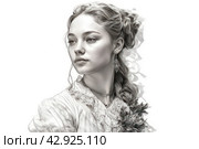 Black and white image of a woman in retro style, apparently from the Baroque or Rococo era. She wears a full dress with frills and a bow, indicating high social status in that era. Her hair is styled in a complex updo with curl. Стоковое AI-изображение, AI-художник Анна Кривицкая / Фотобанк Лори