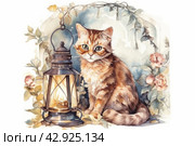 Cute kitten with big expressive eyes sitting next to a lantern. The warm light of the lantern creates a cozy atmosphere, and the kitten seems to smile mysteriously, framed by leaves, which gives the picture a charming and almost fairy-tale look. Стоковое AI-изображение, AI-художник Анна Кривицкая / Фотобанк Лори