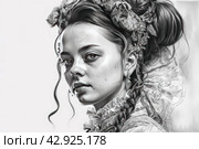 Black and white image of a woman in retro style, apparently from the Baroque or Rococo era. She wears a full dress with frills and a bow, indicating high social status in that era. Her hair is styled in a complex updo with curl. Стоковое AI-изображение, AI-художник Анна Кривицкая / Фотобанк Лори