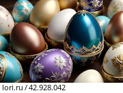 Russian jewelry souvenir, easter eggs copy of Faberge, unique impressive collection of jewelry, made by famous russian jewelers. Copy space. Стоковое AI-изображение, AI-художник Aleksandr Golubev / Фотобанк Лори