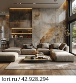 Modern living area with designer furniture and stylish interior. The room is decorated in warm, neutral colors, with beige and brown shades predominating. The floor and one of the walls are lined with marble with characteristic inclusions. Стоковое AI-изображение, AI-художник Анна Кривицкая / Фотобанк Лори