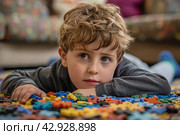 A child with autism spectrum disorders (ASD) such as Asperger's, Rhett and Heller. Стоковое AI-изображение, AI-художник Ирина Ручушкина / Фотобанк Лори