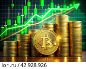 Cryptocurrency. Gold coins are bitcoins with the exchange rate on the virtual screen. The growth of Bitcoin. The green arrow points up. An image created with the help of artificial intelligence. Стоковое AI-изображение, AI-художник Photojuli / Фотобанк Лори